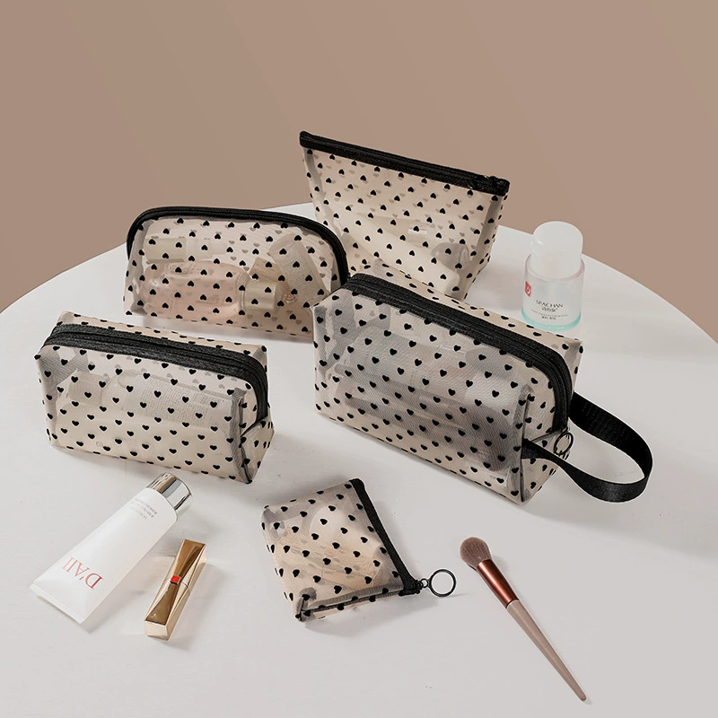 Cosmetic Bag, large-capacity transparent mesh nylon travel makeup pouch — portable lipstick & brush organizer