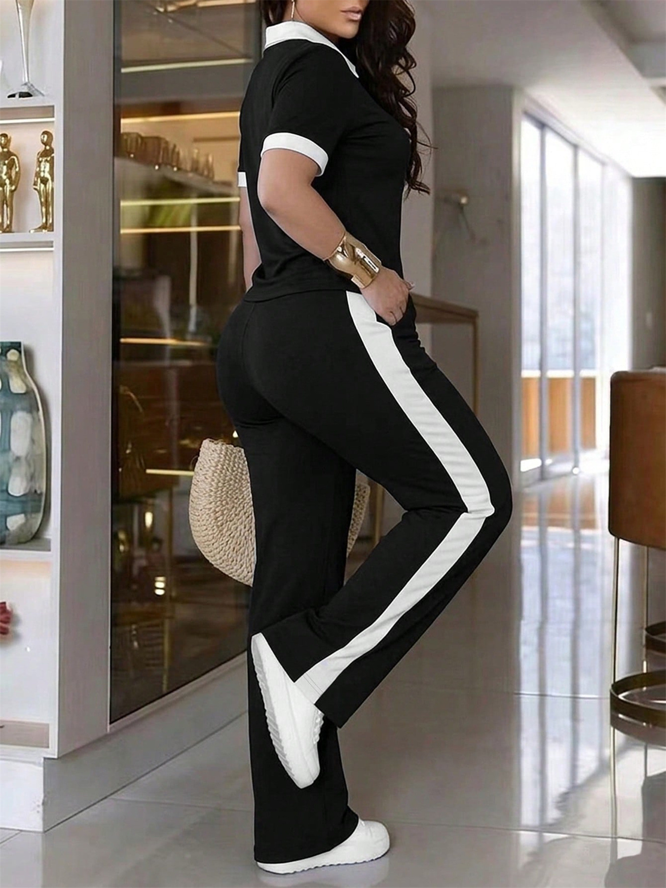 Ensemble pantalon femme avec fermeture éclair et col color block_voghion.com