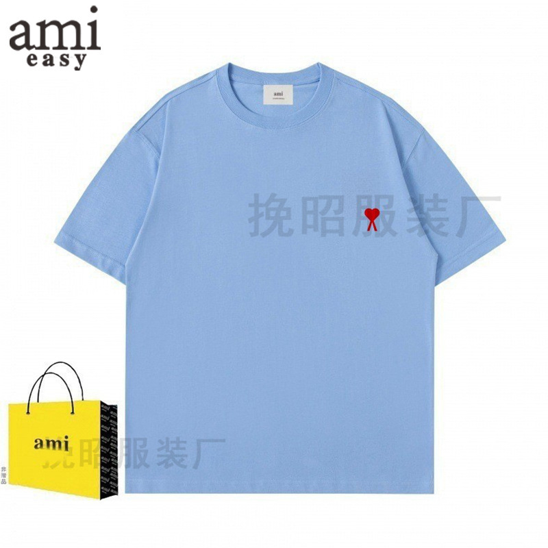 AMI&EASY2025 新しい Tシャツメンズ愛刺繍ルーズオフショルダースリーブ夏のトレンディなファッション半袖トップ|undefined