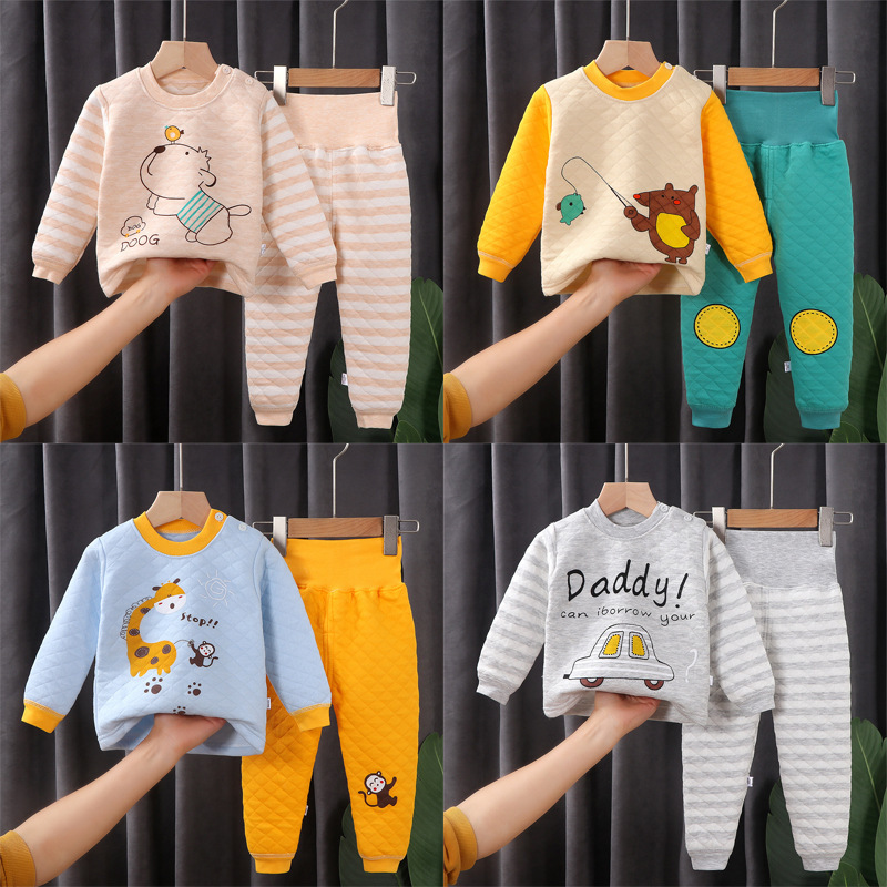 Winter Pure Cotton Kidsren's Thermal Intimates Set Three-Layer Quilted Baby High Waist Belly Protection Fleece-Lined Thickeneded Autumn Clothes and Long Trousers