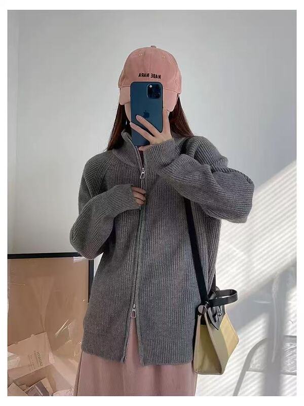 双拉链设计感毛衣开衫女跨境新款宽松坑条针织衫休息上衣外套女|undefined