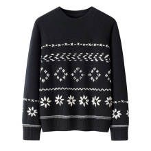 纯山羊绒手工绣花正肩宽松版型上衣 7针平纹中厚圆领套头针织衫女