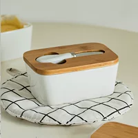 Керамическая квадратная коробка для масла с ножом и крышкой из бамбука, запечатанная, западный кухонный инструмент, масляная тарелка
