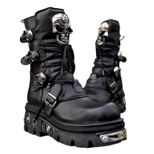 Cow Leather Handmade Skull Punk High Barrel Martin Boots Men's Harley-Davidson Metal Locomotive Platform Couple