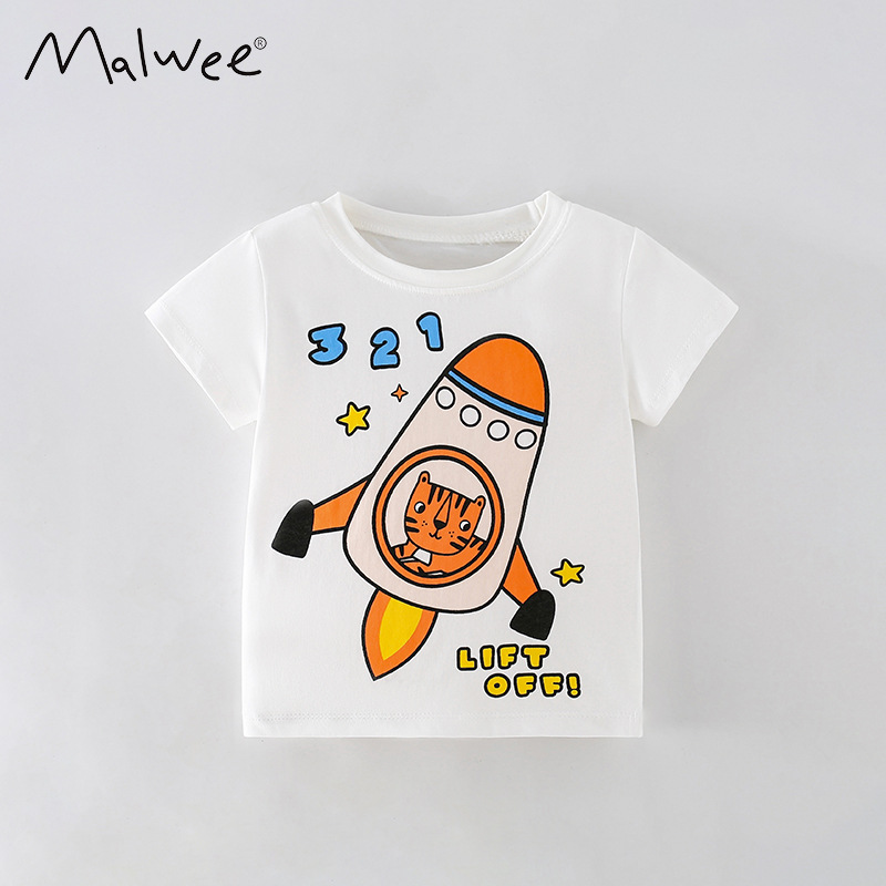 Malwee Verano de manga corta para niños nuevos europeos y americanos casual impreso guapo cuello redondo camisa camiseta para niños