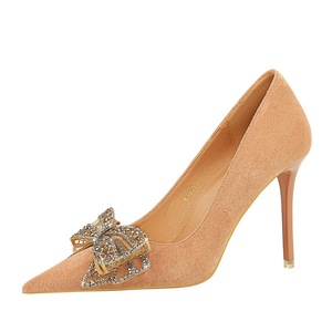 9511-H39 Korean Edition Banquet High Heels Slim Heels, Ultra High Heels, Suede, Shallow Mouth Pointed Diamond Bow Tie Wo