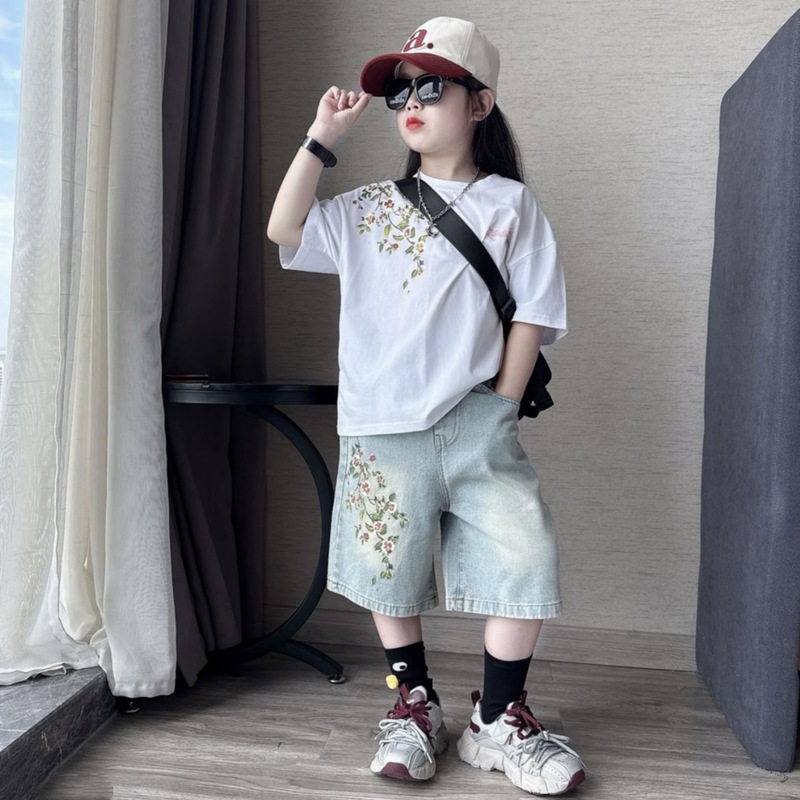 男女童夏季休闲潮酷树叶印花短袖T恤中大童百搭牛仔五分裤两件套9|undefined