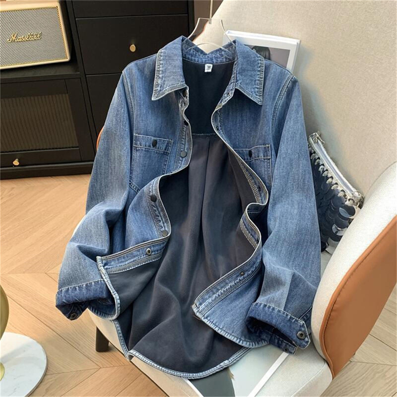 Popular Velvet Loose Thickened Denim Shirt Top Retro Light Blue Casual Autumn and Winter Girl Jacket Shirt for Women