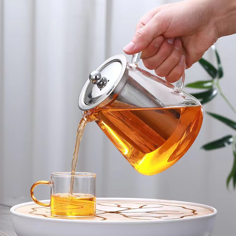 Cross-border direct supply large-capacity high borosilicate glass triangle tea brewing pot with stainless steel inner pot and thick glass Kung Fu tea set