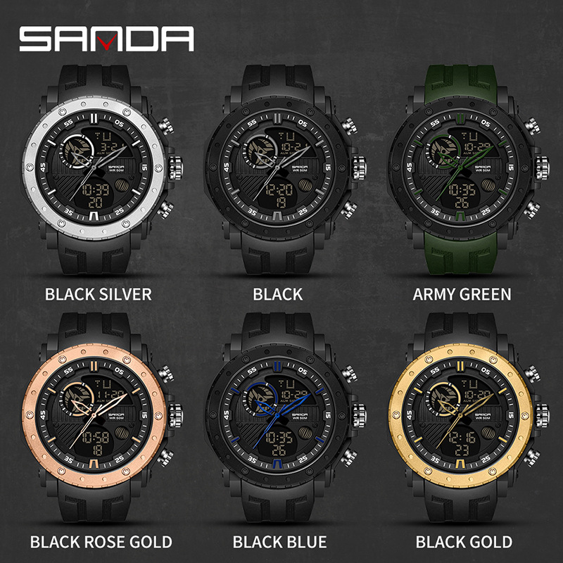 Sanda 6012 reloj de moda multifuncional doble pantalla luminosa reloj electrónico impermeable al aire libre montañismo hombres