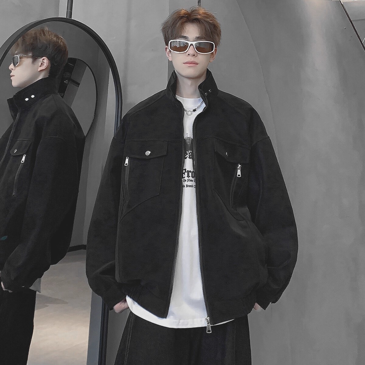 Men's Flight Jacket Pu Leather Stand Up Collar Workwear Casual_voghion.com