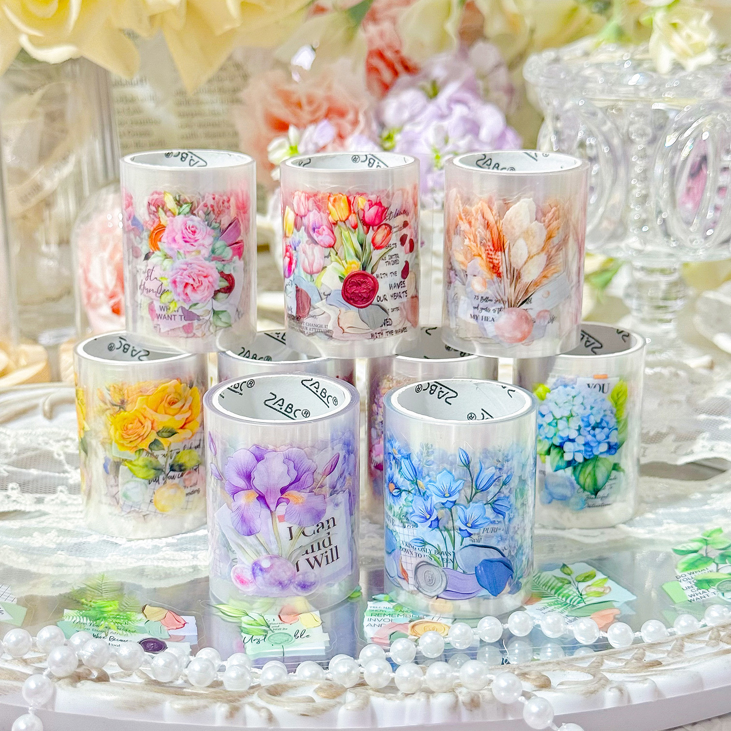 Impresión, amor, plantas, flores, cinta de cuenta manual, cinta de paisajismo de pet transfronterizo, pegatinas, decoración, material de cinta de cuenta manual