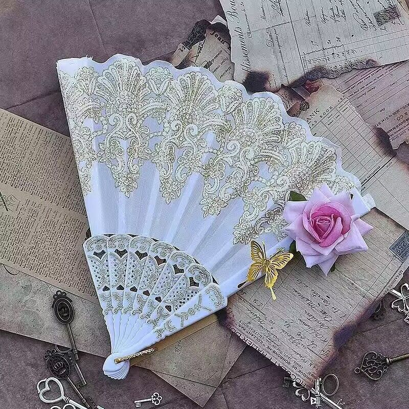 White gilded pink rose butterfly fan with lotus pendant