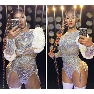 Singer dj Elastic Tight Diamond Pearl Jumpsuit gogo Adult Performance Clothing Female Cross-border European and American Hot Style