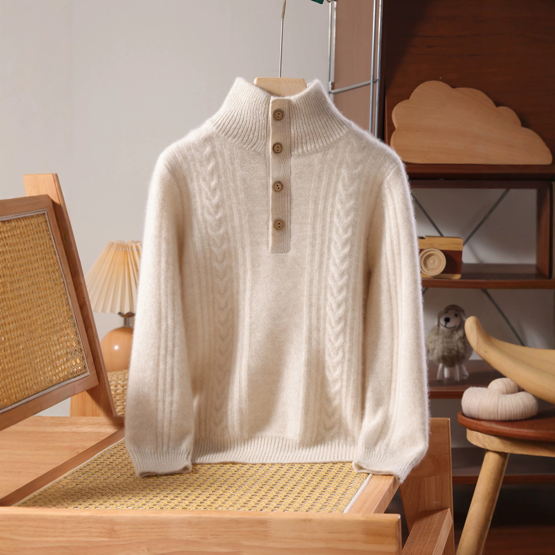 Boys and girls button-down turtleneck cable knit wool sweater retro cable knit children's knitwear thick baby inner top