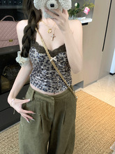 复古豹纹亮片吊带小背心女夏季蕾丝拼接内搭打底辣妹短款上衣外穿