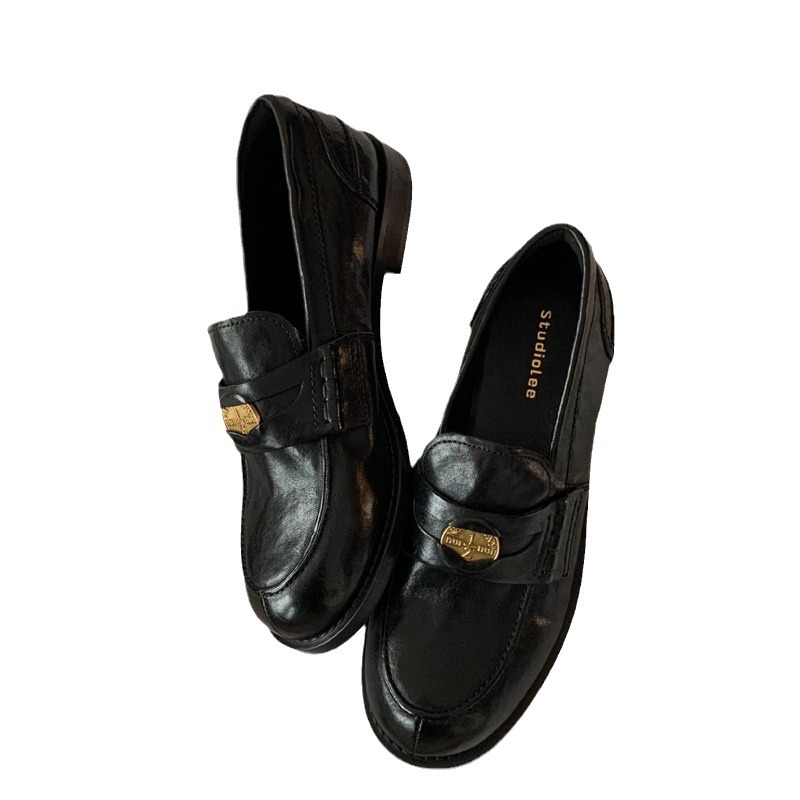 Uva mamá Londres puesta de sol ~ británico retro punta redonda pequeña Moneda de Oro perezoso zapatos de cuero mocasines zapatos de una sola capa para las mujeres