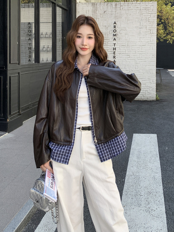 酷飒风假两件格子拼接咖色皮衣外套女秋季2025新款韩系炸街皮夹克|undefined