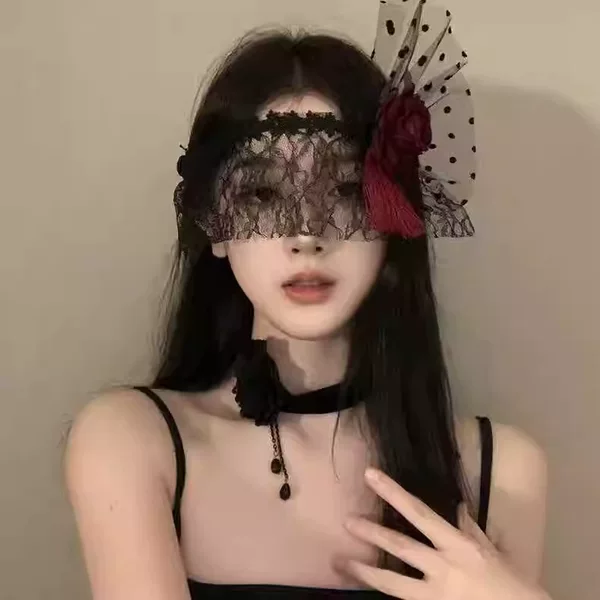 Dark Style Veil Female Niche Red Rose Sexy Half Face Lace Face Mask Halloween Party Photo Headwear