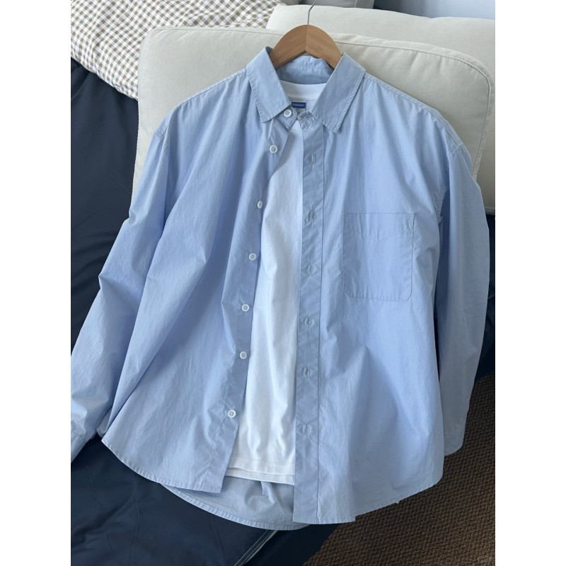 Thin Sky Blue Long-Sleeved Pure Cotton Shirt for Men in Spring and Autumn, Casual and Versatile Loose-Fitting Top Jacket for Teenagers