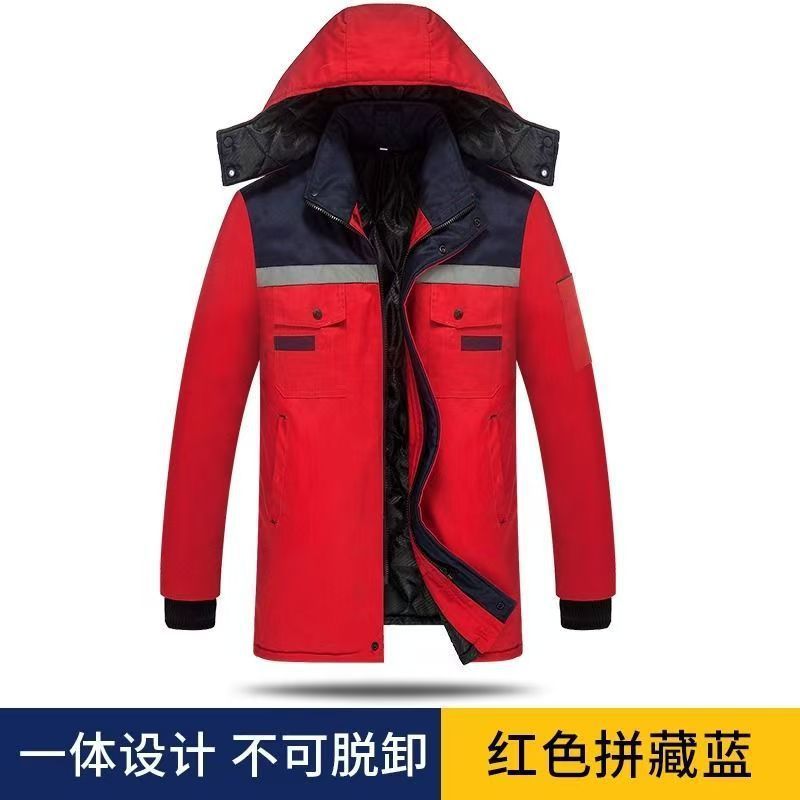 冬用綿作業服、ベルベットと綿、屋外建設現場作業場、防寒暖かい作業服、フード付き耐摩耗性労働保護服|undefined