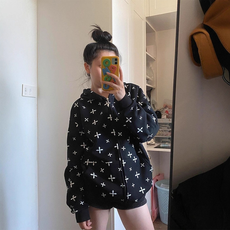 American High Street Cross Cardigan Hooded Sweatshirt for Women Autumn and Winter Korean Style Lazy Style Jacket Design Baseball Uniform