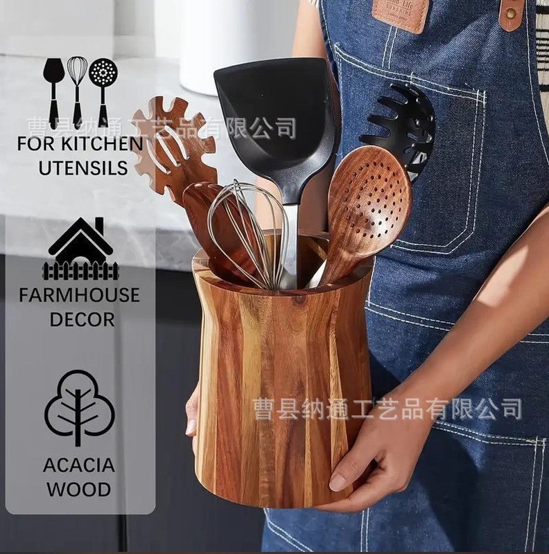 新款相思木筒餐具收纳盒家用厨房工具整理架收纳盒木质厨具收纳罐|undefined