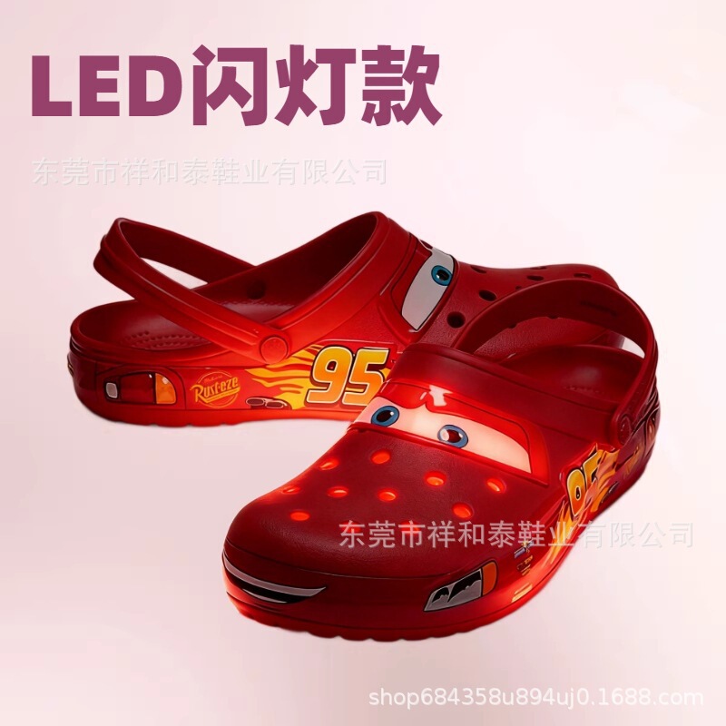 Croc Shoes 95 Mcqueen Flashing Light Car Model Adult Couple Style Comfortable Non-Slip Flat Beach Sandals Closed-Toe Slippers
