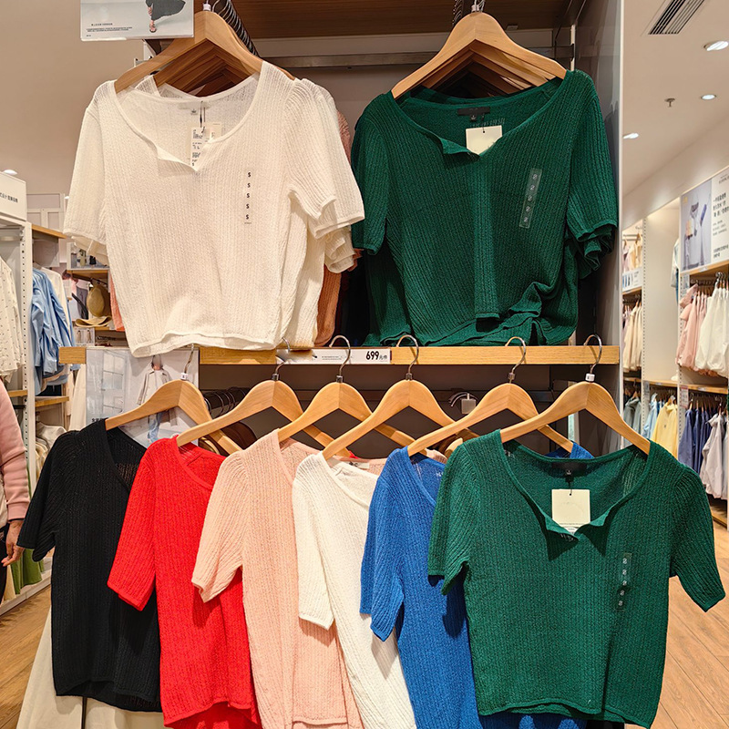 Japanese Style~2024 Hot Girl Lace Half-Open Collar Knit Top Slim Fit Short Sleeve Slimming Waist-Cinching Half-Sleeve Top 466362 Japanese Style~2024 Hot Girl Lace Half-Open Collar Knit Top Slim Fit Short Sleeve Slimming Waist-Cinching Half-Sleeve Top 466362