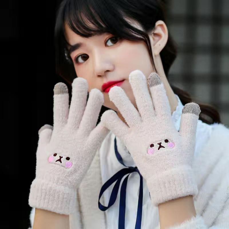 手袋秋冬女性保温学生韓国版かわいいベルベット厚手自転車五本指防寒タッチできる綿手袋|undefined