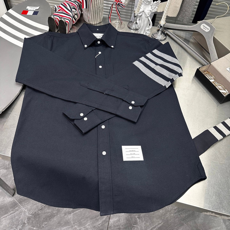 Trendy Tb Classic Shirt for Men, Spring and Autumn Flannel Four-Stripe Pattern, Unisex Long-Sleeve Pointed Collar Shirt