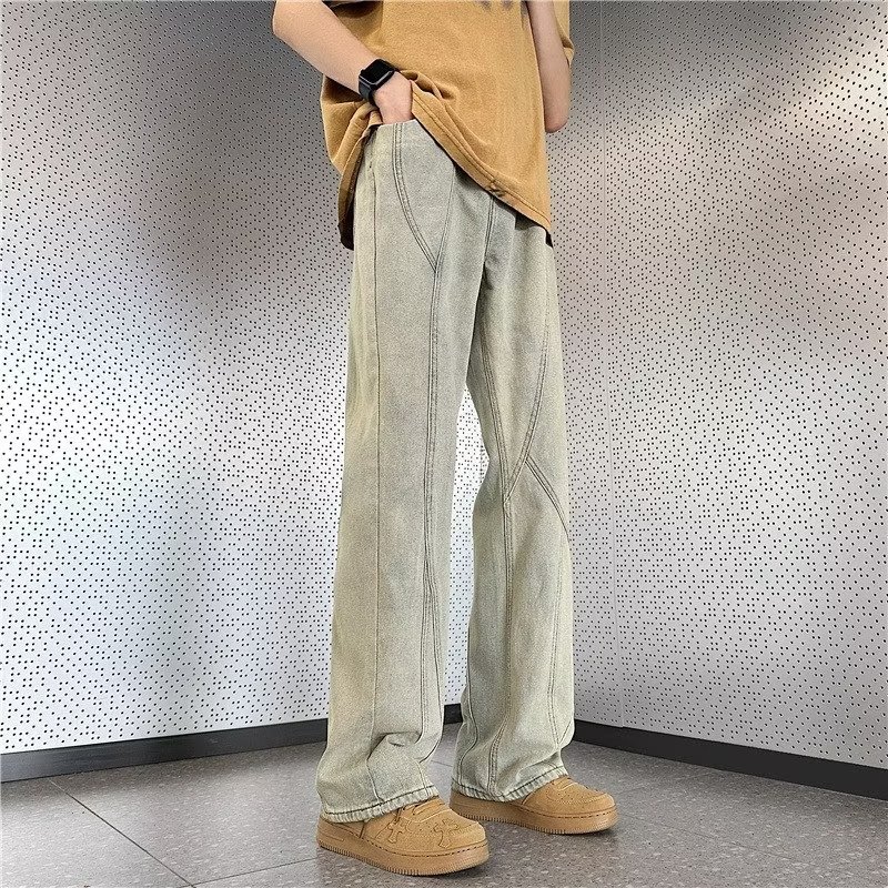 Pantalones retro estadounidenses, jeans teñidos de barro amarillo lavados de la marca de moda de la calle alta, jeans rectos delgados para hombres