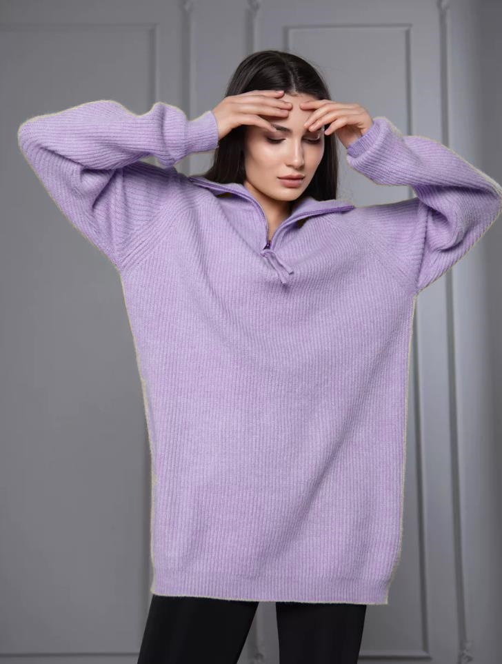 Lockerer, übergroßer Strickpullover mit halblangem Revers und kontrastierendem Streifenmuster für Damen_voghion.com