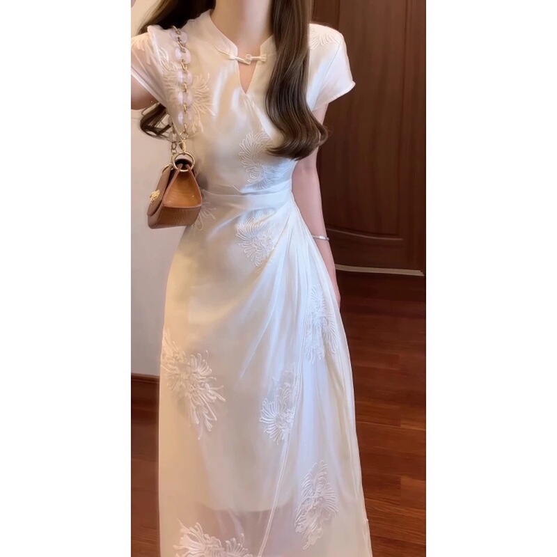 New Chinese-Style Improved White Qipao Dress for Women, Summer New Model, Petite-Friendly Hanfu Long Dress