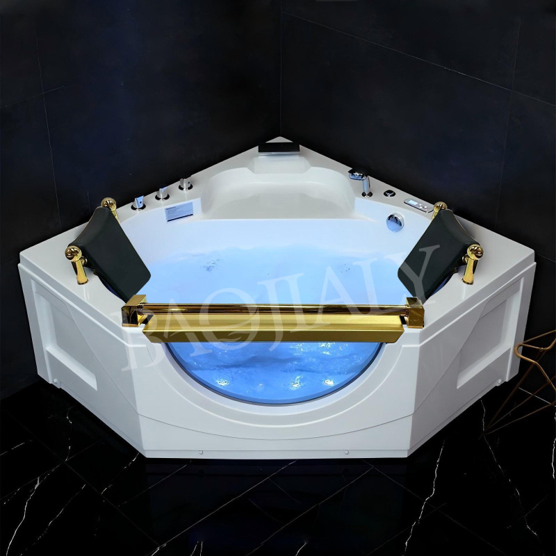 White Acrylic Glass Bathtub 2 Person Massage Corner Bathtub with Golden Armrests Installed Hotel Villa Bathtub