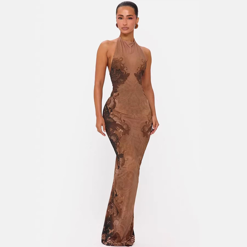 2026 New Cross-Border Style Elegant Halter Neck Dress, Slim Fit French Backless Printed Long Dress, Floral Evening Gown
