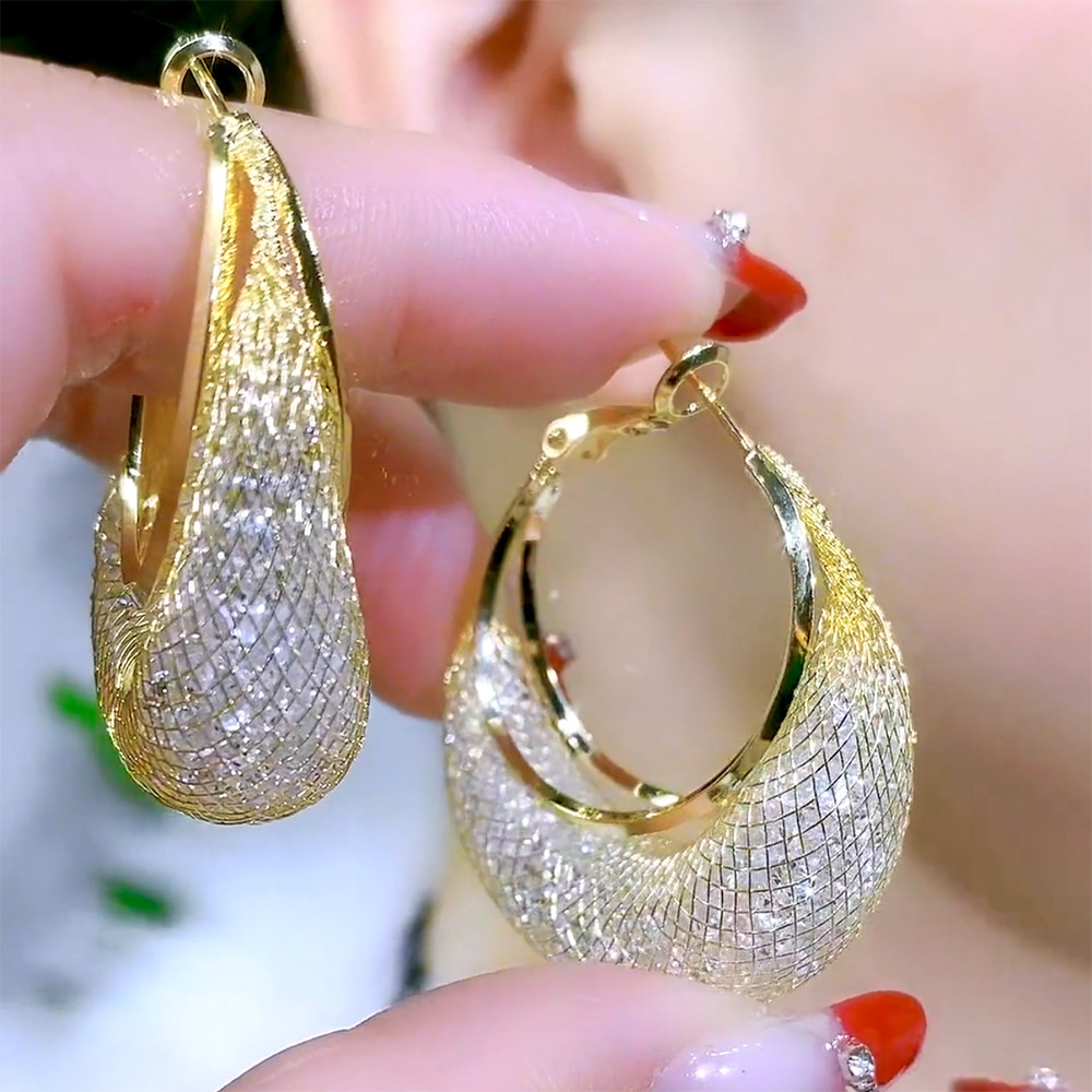 Eleganti orecchini a cerchio con zirconi e rete, perfetti per le donne, nuovi orecchini e clip per le orecchie di lusso, leggeri e di tendenza, ideali per le socialite._voghion.com
