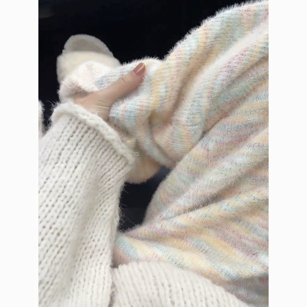 Warm rainbow knitted glutinous rice, demi-season leggings, trousers for leisure, high waist, loose straight fit