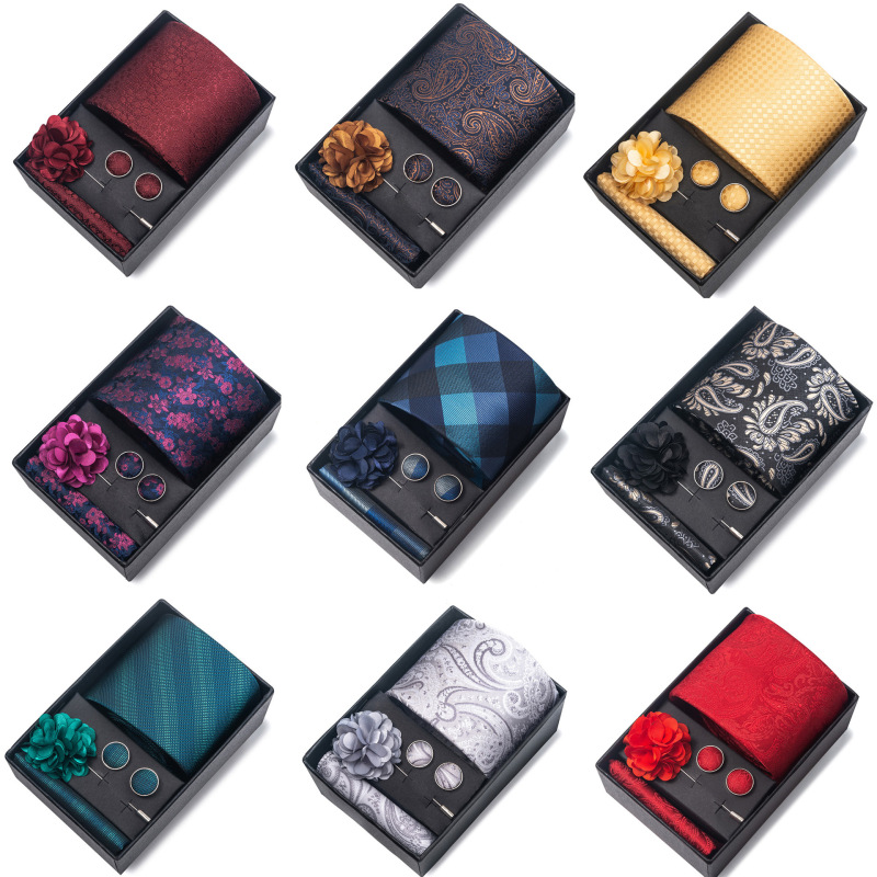 Ready Stock Wedding Tie Groom Festive Burgundy Tie Men's Suit Cufflinks Corsage Accessories Set Box