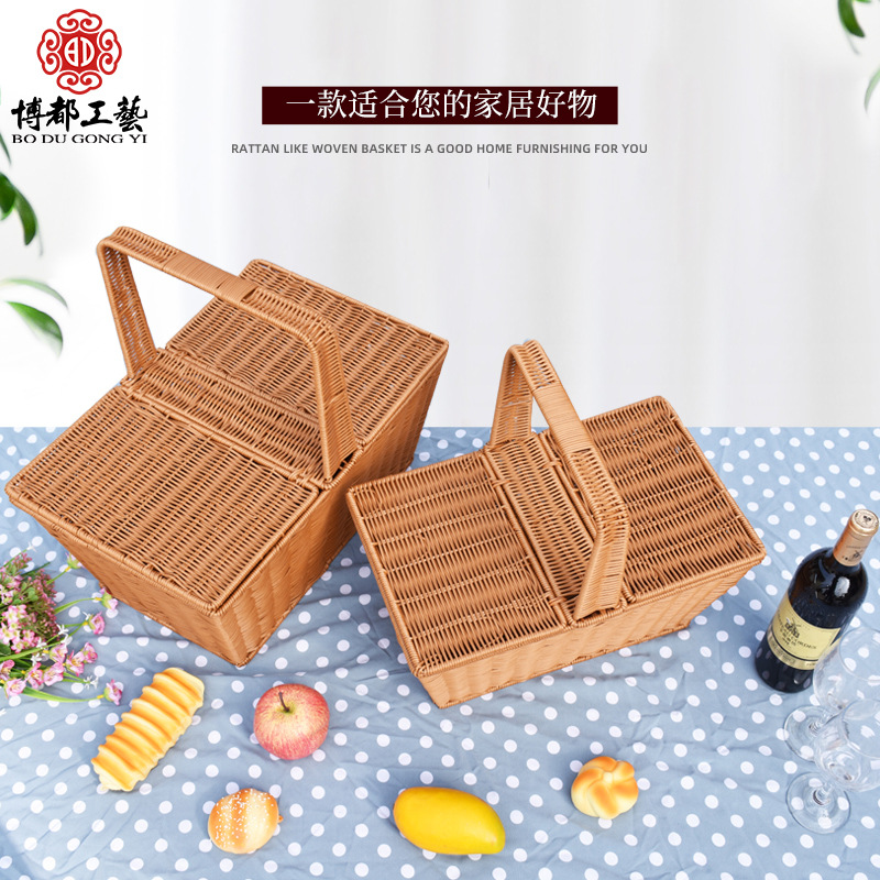Outdoor picnic basket, imitation wicker basket, hand-held shopping gift basket with lid, pastoral storage basket, vegetable carrying basket