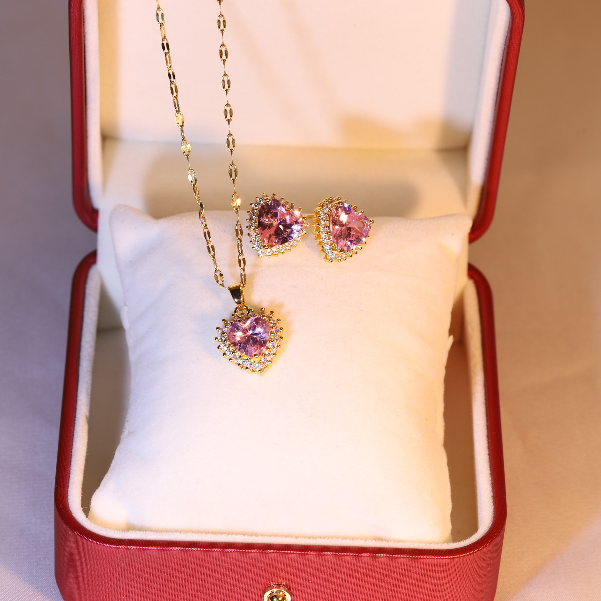 Sweet Heart Shape Stainless Steel Copper Inlay Zircon Earrings Necklace