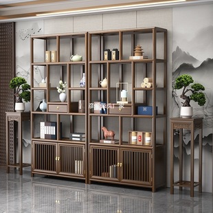 Solid Wood Chinese-Style Multi-Treasure Shelf Tea Storage Rack Elm Partition Ornament Office Tea Room Storage Display Cabinet