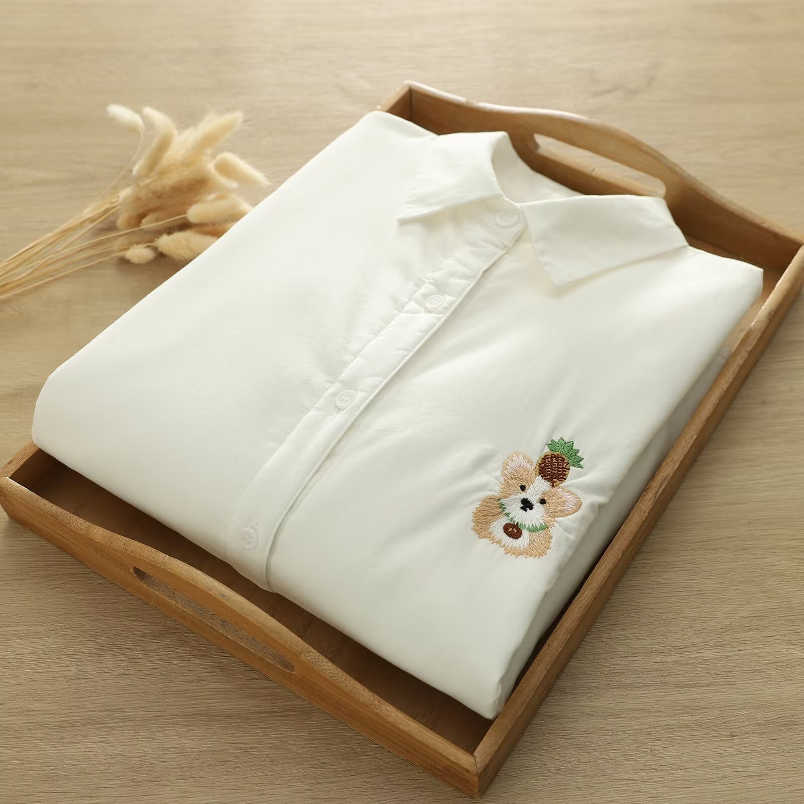 加绒加厚长袖白衬衫保暖长绒白色打底衫修身显瘦刺绣猫咪小鱼上衣