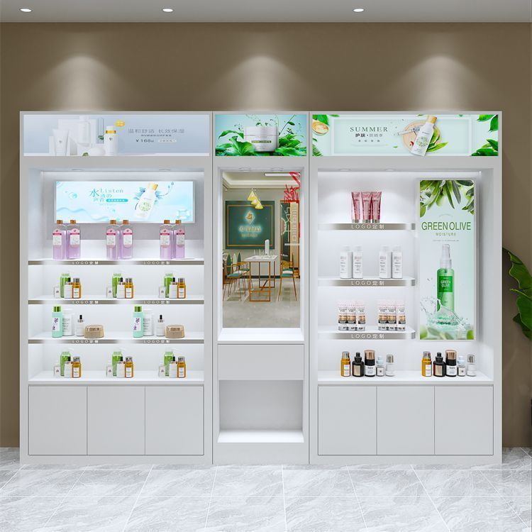 化妆品展示柜美容院收纳货架产品置物架带镜子小样带灯柜台陈列柜