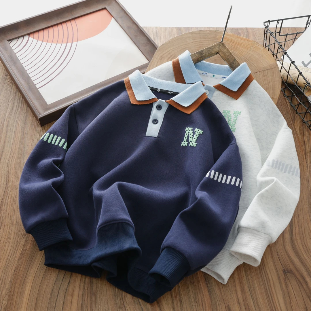 Children's 2026 Spring New POLO Collar Sweatshirt for Older Kids, Color-Block Casual Fake Two-Piece Sweatshirt, Trendy