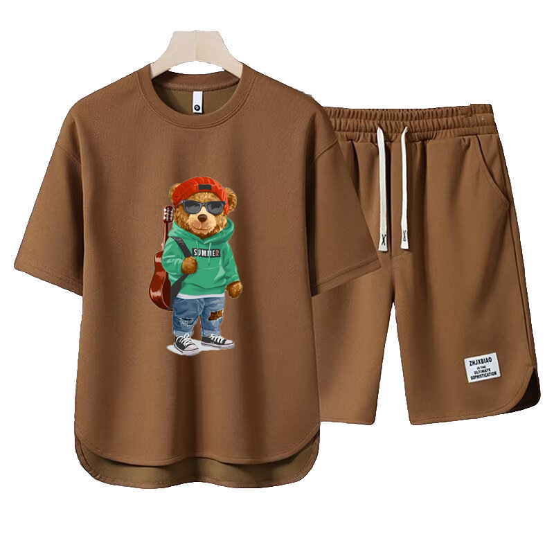 Herrkläder 2024 Waffle Casual Sommardräkt Herr lös tonåring Kortärmad T-shirt Shorts Stilig Tvådelad kostym_voghion.com