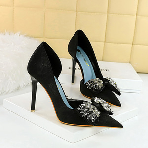 6168-H3 European and American High Heels Slim Heel Shallow Notch Side Hollow Fabric Face Super High Heel Rhinestone Bow 