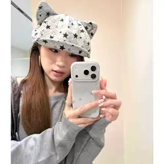 韩系可爱星星印花猫耳贝雷帽子女大头围八角帽显脸小鸭舌帽遮阳帽