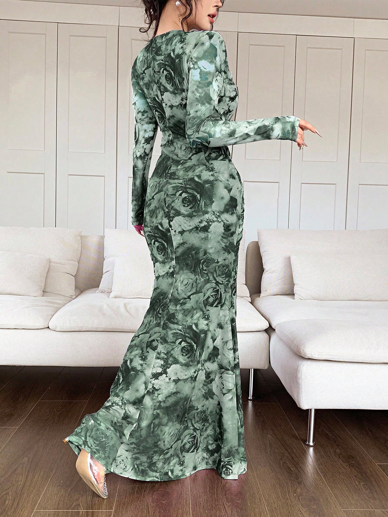 Summer Women's U Neck Long Sleeve Patchwork Slim Fit Printed Maxi Dress_ecoleips.com
