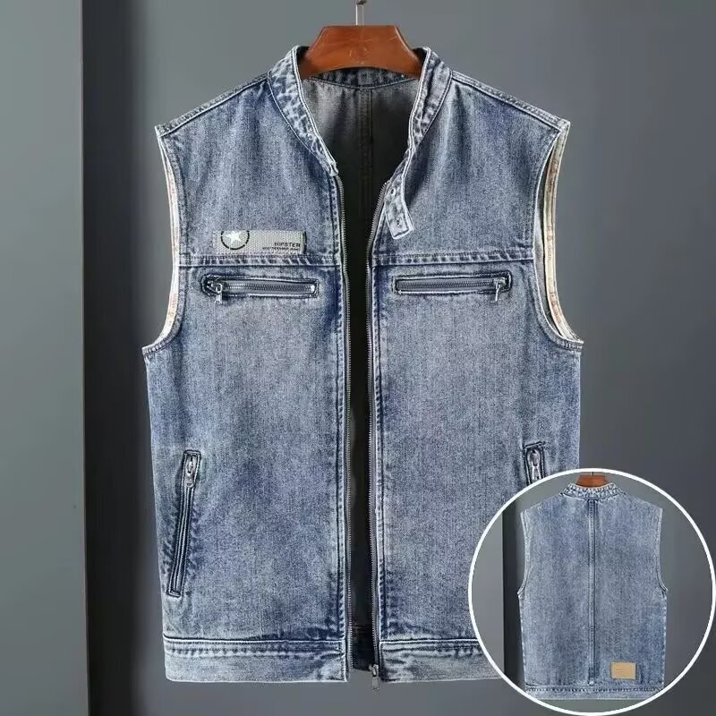 American-Style Denim Vest for Men, Spring and Summer Trendy Brand, Retro Loose Large Size Motorcycle Vest, Versatile Sleeveless Vest for Men, Trendy